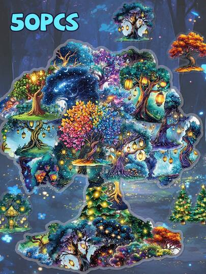 50张深森林魔法树贴纸，PET材质，精美创意，适用于笔记本电脑、行李箱、剪贴簿、房间装饰、DIY创意贴纸