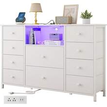 Comodas y Cajoneras,Comodas para Recamara con Estación de Carga y luces LED, Muebles para Recamara con 10 Cajones,Cómoda de Tela,Organizador de Almacenamiento de Cómoda Ancha 47.2''*11.8*31.5'' - Marrón - Ver 1