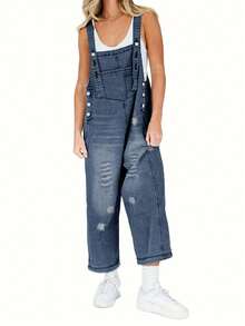 Pantalones de peto sueltos con lavado medio y desgastados de moda y versátiles