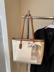 时尚纯色围巾装饰 PU 托特包，大容量通勤复古简约单肩包，百搭手提包，适合女性 - 米色 - 查看 9