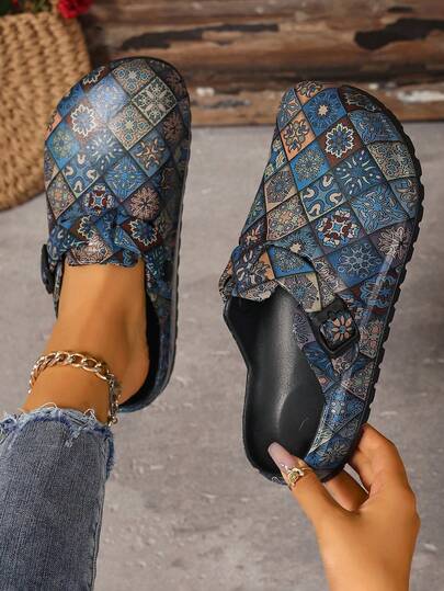 pueenb Sandalias huecas de verano de moda para mujeres, con patrón bohemio y suelas gruesas cómodas - Ligeras, elegantes para todo clima, fáciles de poner, zapatos de jardín con plantillas suaves y correas ajustables, adecuados para actividades diarias, trabajo o ocio