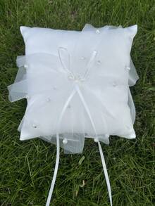 1 pieza Cojín para anillos de boda, cojín portador de anillos de encaje y perla color marfil para la ceremonia de boda - Beis - Ver 3