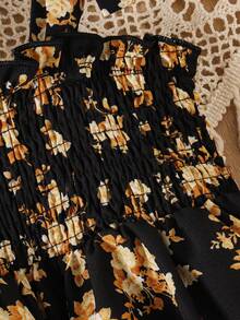 Baby Girl Floral Print Spaghetti Strap Bow Ruffle Hem Dress - Black - View 6