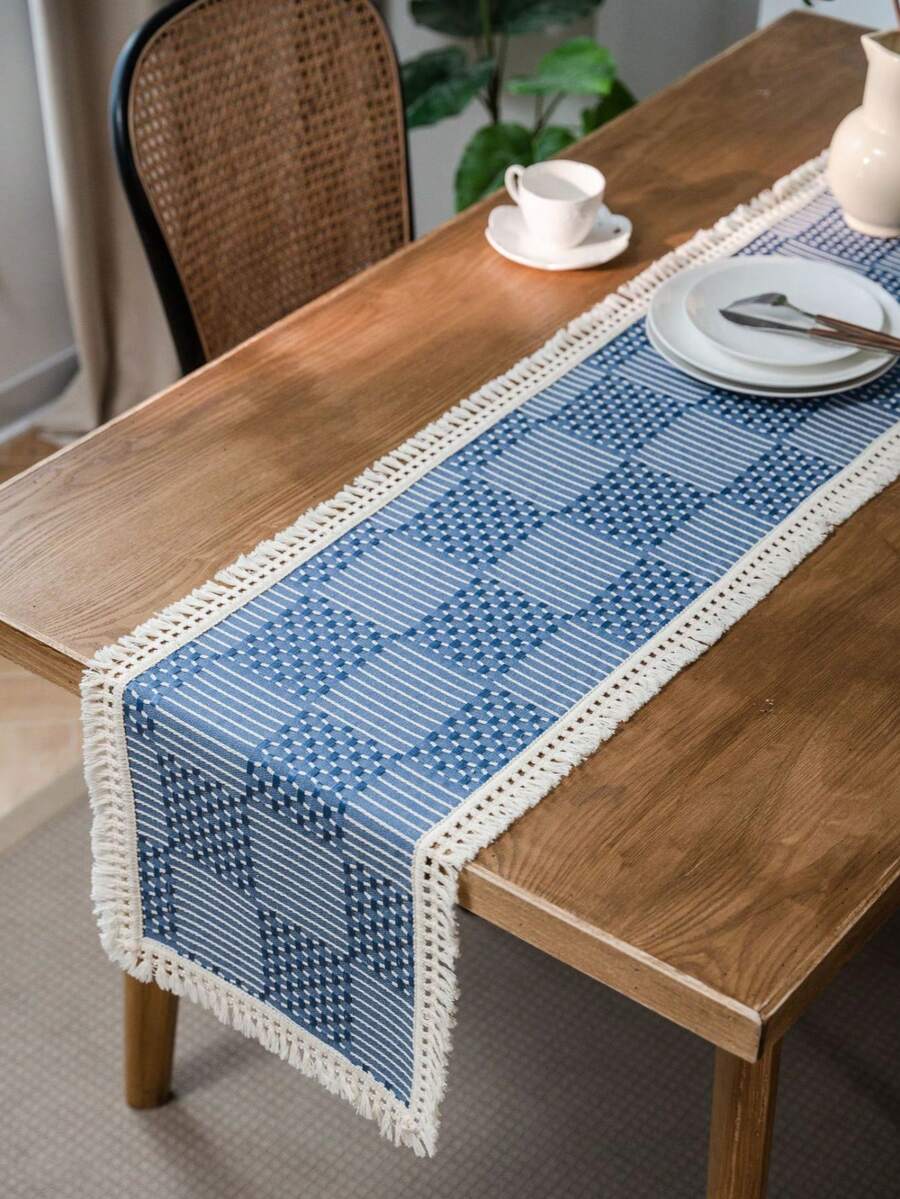 1pc Farmhouse Nordic Minimalist Holiday Party Geometric Pattern Tassel Table Runner, Home Decor, Photoshoot Backdrop, Multi-Color, Elegant European Style