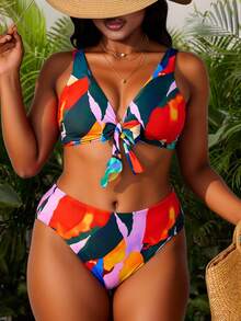Slaydiva 1 Set Plus Size Women Front-Tie Random Print Sexy Beach Holiday Bikini Swimsuit - Multicolor - View 5