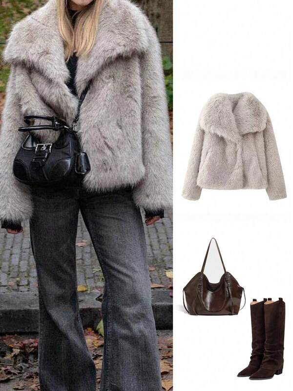 Women's Fashion Casual Faux Fur Collar Long Sleeve Coat Jacket