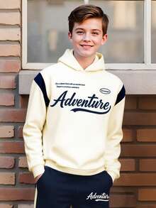 2pcs/Set Teenager Boys Thick Hoodie & Sweatpants Set, Letter Print Casual Knit Long Sleeve Top & Pants Outfit, Autumn/Winter - Apricot - View 5