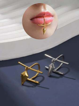 1件升级版时尚高品质3D菱形唇环，18K镀层不锈钢材质，无需穿孔，适合女性日常佩戴及万圣节装扮