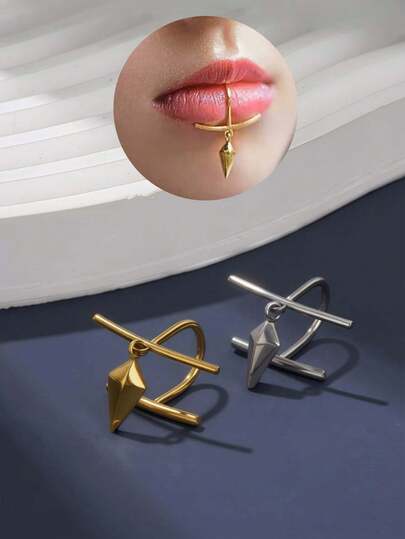 1 قطعة خاتم شفاه مرتقى عالي الجودة بتصميم ثلاثي الأبعاد على شكل معين، مطلي بالذهب عيار 18 قابل للارتداء بدون ثقب، مناسب للنساء للاستخدام اليومي وارتداء في مناسبة هالوين