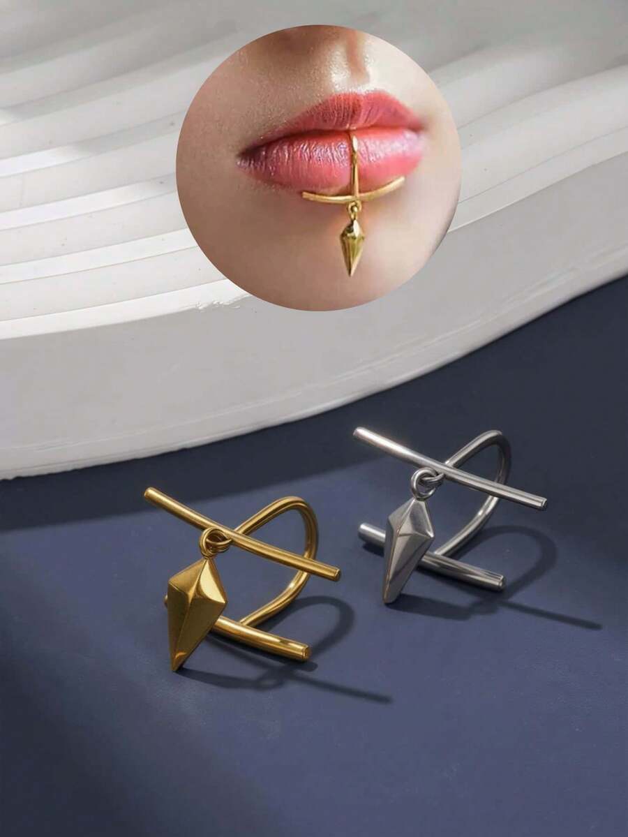 1 chiếc khuyên môi hình thoi 3D thời trang cao cấp, chất liệu thép không gỉ mạ 18K, không xỏ khuyên, phù hợp cho phụ nữ đeo hàng ngày và Halloween