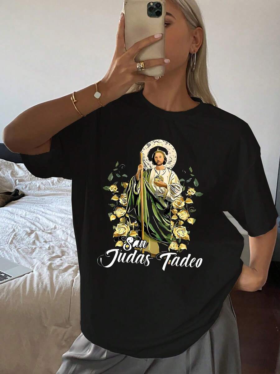 Elegante camiseta para mujer con un artístico estampado de y una rosa dorada. Tejido suave y transpirable, ideal para un estilo casual. Camiseta con un diseño gráfico religioso único. Talla extragrande. - Negro - Ver 1
