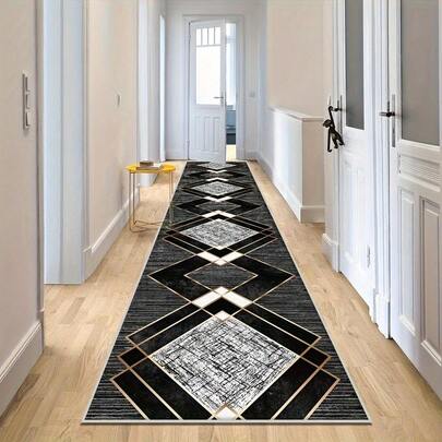 1pc Elegant Geometric Diamond Pattern Rug - Soft Polyester Non-Slip Mat, Black & Gold Handmade Design, Easy To Clean, Suitable For Kitchen, Living Room, Hallway, Dining Room, Corridor Decor, Creating Luxurious Home Accents, Kitchen Rug