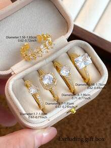 Bộ 5 nhẫn Zirconia tổng hợp hình học, hoa lá, sang trọng, thanh lịch, thích hợp cho kỳ nghỉ, tiệc tùng, đám cưới, đeo hàng ngày - Vàng - Xem 4