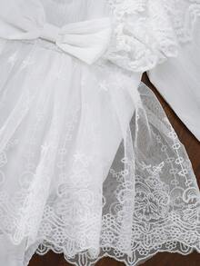 Baby Girl 2-Piece Flower Embroidered Mesh Bow Long Sleeve Skirt Dress&3D Flower Headscarf Laundry Dress Princess Style Elegant Clothing