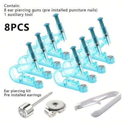 8pcs/Set Disposable Ear Piercing Gun Kit, Includes 4mm White Diamond Earrings And 1 Piercing Assist Tool