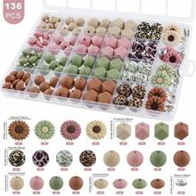 136 件/盒，珠宝制作套件，多色向日葵硅胶珠，以及 15 毫米硅胶圆珠、14 毫米硅胶六角珠和 12 毫米硅胶豆珠混合在一起，可用于 DIY 手工手链、圆珠笔、串珠钥匙扣、背包吊坠等。硅胶材质坚固耐用，可作为礼物赠送 - 彩色 - 查看 11