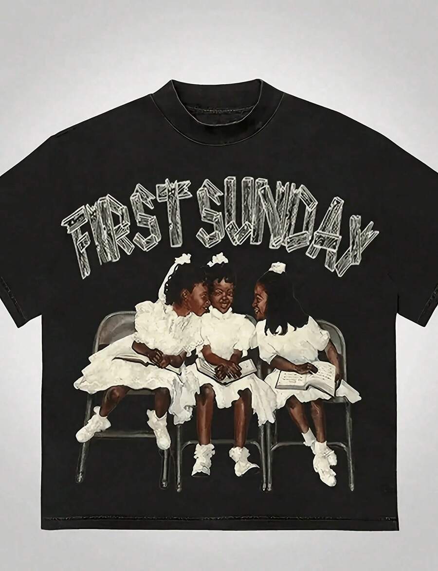 "FIRST SUNDAY" Themed Print T-Shirt, Children Graphic |   Loose Fit |   Black Casual TopMinimalist Style  Sweatshirt ,Oversized Tee - màu đen - Xem 1