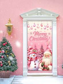 78*156cm 2D Pink Christmas Tree, Star, Snowman Decoration Christmas Polyester Door Flag Banner, Christmas Doorway Decor Fabric, Christmas Celebration, No Electricity Needed, Winter Decoration Fabric - Multicolor - View 6