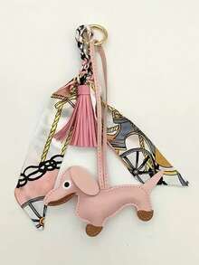 1 sztuka uroczego breloczka ze skóry ekologicznej z jamnikiem i różowym chwostem z szalika – modne dodatki do torebek, smycze do telefonów i akcesoria do portfeli DIY, biżuteria damska na klucze | Darmowa wysyłka uroczego wisiorka z jamnikiem | Złote akcesoria, samodzielne wykonanie portfela