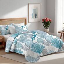 2/3pcs Stylish Blue Multi-Element Stitching Printed Quilt Set(1 Quilt + 1/2 Pillowcases), Easy To Clean And Machine Washable Summer Bedding Set, 100% Polyester Breathable Bedspread Set,Fresh Ocean Summer Bedspread,All Seasons, Room Decor - sao biển san hô - Xem 2