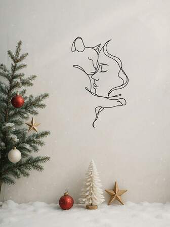 1 st metallväggkonst med kvinna som omfamnar katt - minimalistisk järnlinjeskulptur, present till husdjursälskare i sovrum och vardagsrum, abstrakt silhuettdekor med osynligt upphängningssystem, lämplig för modern heminredning, heminredning, rumsinredning, sovrumsinredning, badrumsinredning, vattentät, rostfri och hållbar, väggdekor