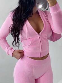 LovelyWholesale Felpa con cappuccio casual da donna con coulisse, maniche lunghe, tasche e zip, colore tinta unita, in morbido pile, elegante, per l'inverno