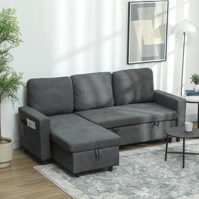  HOMCOM Sofa Bed With Storage, Convertible L Shaped Corner Sleeper Couch, 3 Seater Pull Out Sofa Bed With Reversible Chaise, Side Pockets For Living Room, Bedroom, Small Spaces, Charcoal Grey