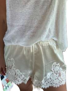 Women Satin Silk Shorts Lace Trim Patchwork Mini Micro Shorts Silky Low Rise Coquette Lounge Slip Bottoms - Rượu sâm banh - Xem 7