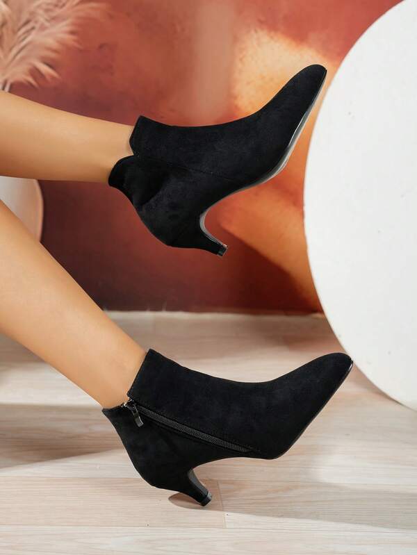 Fall/Winter Elegant Kitten Heel Ankle Boots, Pointed Toe, Suede Fabric, Slim Heel, Side Zipper, Black Color, Versatile, Suitable For Daily Wear In Autumn,Boots For Women