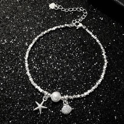1件925纯银珍珠海星贝壳手链 - 独特的海滩风设计，饰以银片，是送给妈妈的完美夏季礼物，或打造时尚海滨造型的理想之选。
