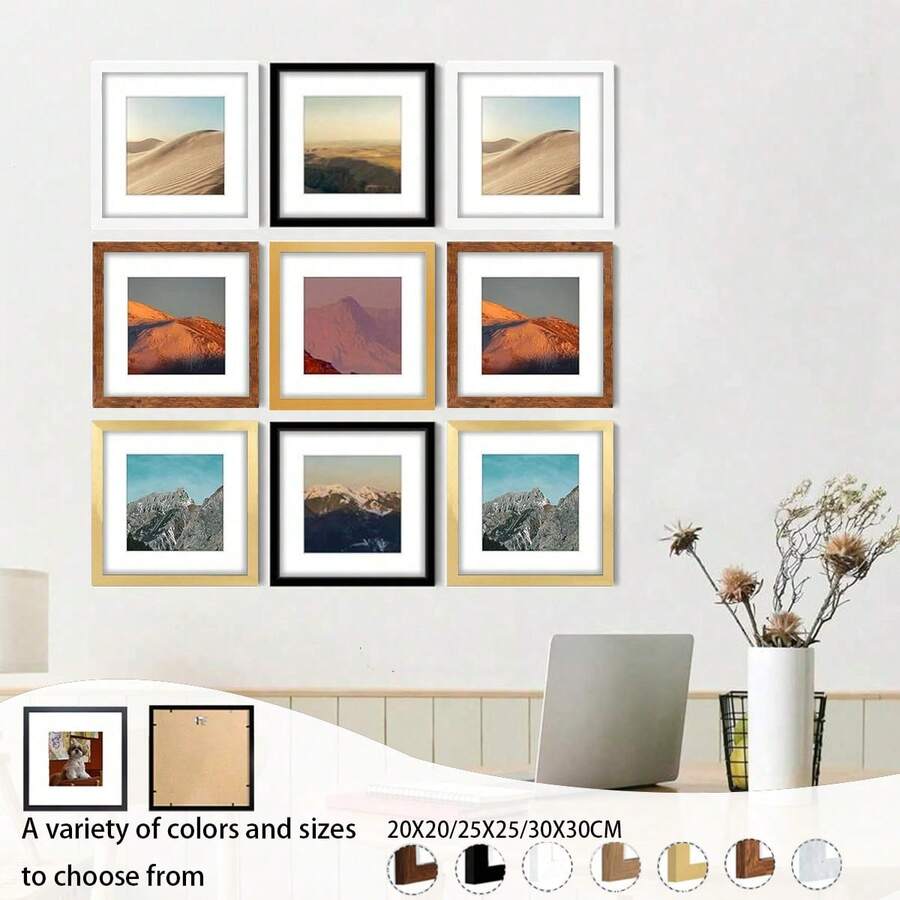 1/3 set de cadres photo givrés de 20x20cm/25x25cm/30x30cm, cadre mural de galerie, décoration murale de collage carré, blanc, cadres photo multicolores en bois et noir pour la décoration de la maison