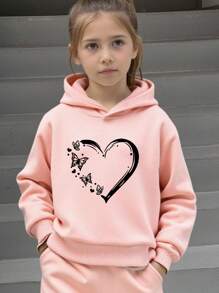 Young Girl Butterfly & Heart Print Hoodie