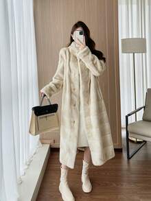 2025冬季新款人造毛皮休闲时尚复古宽松长袖长款女士人造毛皮大衣 - 杏色 - 查看 3