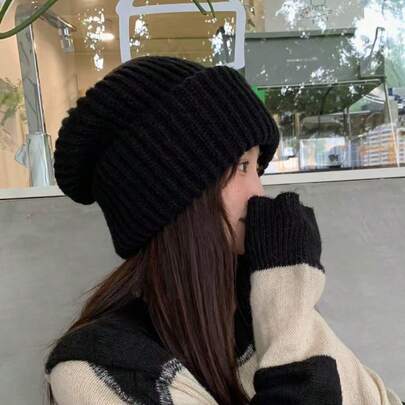 1pc Women Thick Knit Beanie Hat, Multi-Color, Versatile, Warm, Loose Fit, Autumn/Winter