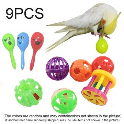 9 Pack Bird Bell Balls Sets For Chewing Playing Training, Colorful Parrot Cage Treat Toy Cockatiel Parakeet Conure Caiques, Small Pet Foot Kitten Puppy, Random Color