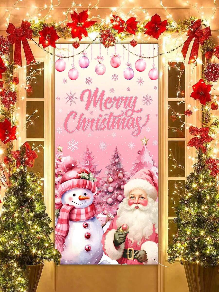 78*156cm 2D Pink Christmas Tree, Star, Snowman Decoration Christmas Polyester Door Flag Banner, Christmas Doorway Decor Fabric, Christmas Celebration, No Electricity Needed, Winter Decoration Fabric - Multicolor - View 1