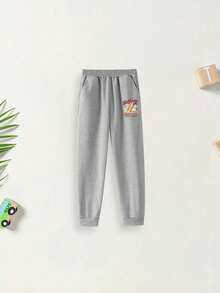 Tween Boy 2pcs Summer Beach Surfboard Print Hoodies+Summer Beach Surfboard Print Pants Suit Autumn Winter Collection - Grey - View 5