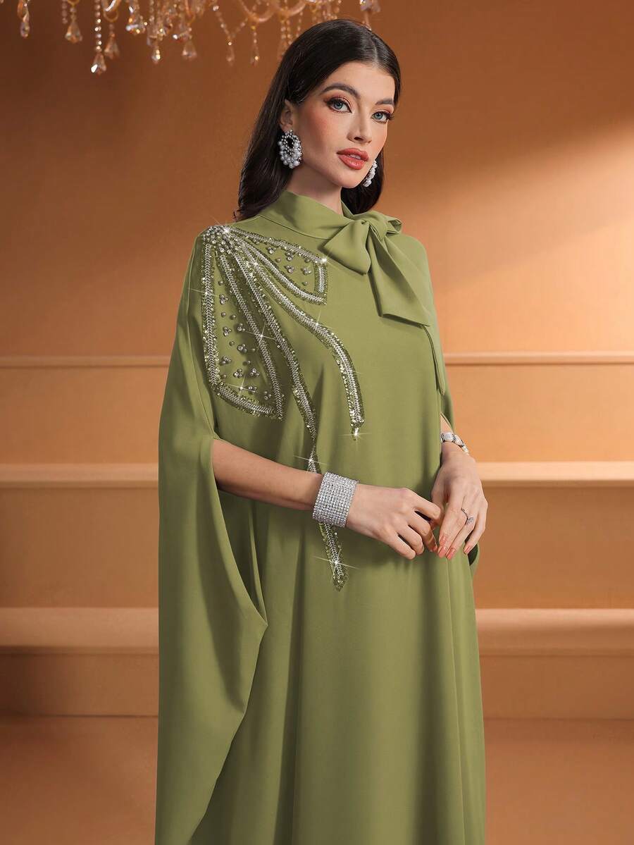 Áo choàng Abaya Ả Rập thanh lịch đính cườm và thêu tinh xảo, cổ áo cà vạt màu trơn dành cho nữ