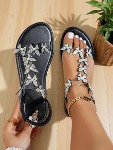 1 Pair Summer New Women's Diamond Butterfly Comfortable Elastic Upper Flat Sandals, Casual Vacation Style, Fashion & Versatile