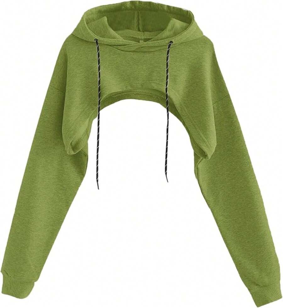 Women Crop Top Pullover Sweatshirt Long Sleeve Drawstring Hoodie - 軍綠色 - 查看 1