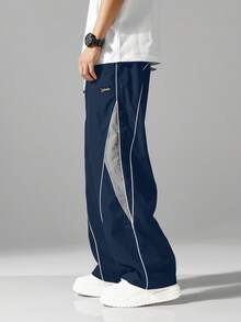 Men 1pc Comfortable Elastic Waist Drawstring Casual Straight Loose Wide Leg Pants, Sporty Contrast Color, Fall