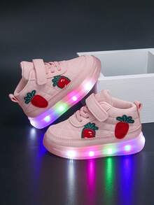 1 Pair PU Toddler Kids LED Light Up Mid-Top Hook And Loop Design Anti-Slip Fashionable Cute Popular Classic Student Sports Light Up Shoes, Suitable For Autumn