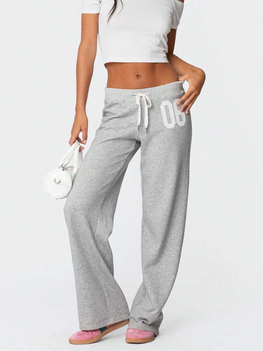 Women's Barrel Leg Sweatpant Drawstring Elastic Waisted Wide Leg Pants Casual Cotton Palazzo Trousers - 灰色 - 查看 1