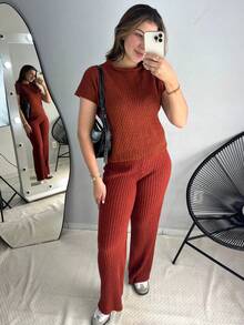Conjunto Kit Calça Pantalona e Blusa Colete Tricot Mousse Feminino - Caramelo - Visão 4