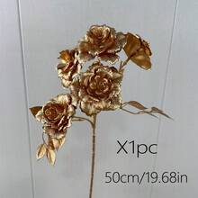 1/3 piezas Flor de rosa artificial de plástico chapado en oro de 60cm con múltiples ramas - Dorado - Ver 9