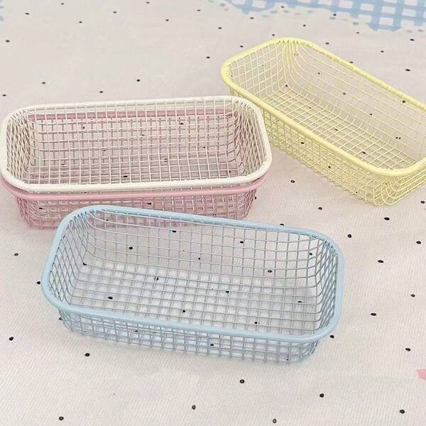 Cream Colored Ins-Style Iron Art Small Storage Basket, Simple Desk Organizer Box For Makeup, Office Supply Storage,For Back To School