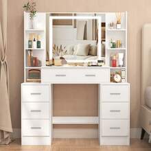 Tocador con espejo, luces LED y 7 cajones - Perfect For Organizing Makeup, Skincare, Elegant Vanity|Decorative Vanity, Vanity Furniture, Compact For Small Space, Bedroom Decor Gift, Perfect Gift For Women Girls , Ideal para regalos de Navidad y Halloween. - Blanco - Ver 4