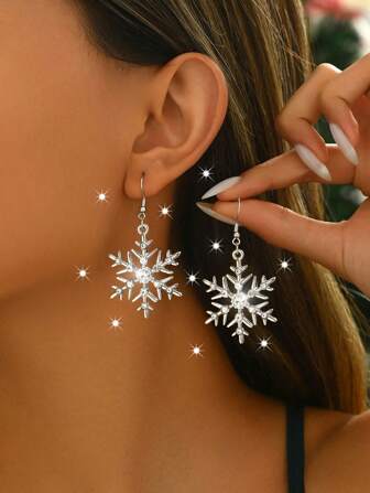 1 Pair Fashionable Creative New Rhinestone Snowflake Pendant Earrings, Versatile Jewelry For Women, Suitable For Christmas Party, Ball, Gathering