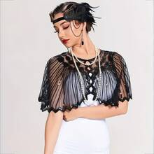 1pc 1920s Elegant Vintage Sequin Shawl, Beaded Embroidered Lace Trim Versatile Capelet Shawl, Breathable Women Party Dress Accessory Shawl/Bolero, Fashion Party Evening Gown Accessory