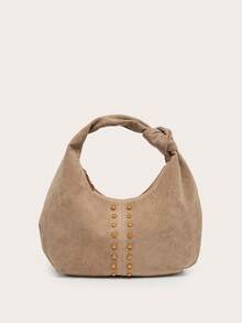 Women's Crescent-Shaped Solid Color Handbag, Versatile And Fashionable, With Knotted Single Handle, Suitable For Underarm Carry And Travel - Khaki - View 2